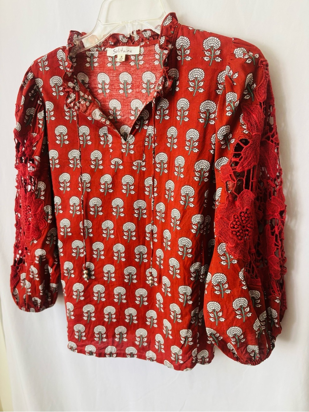 Solitaire India Block Print Crochet Peasant Top